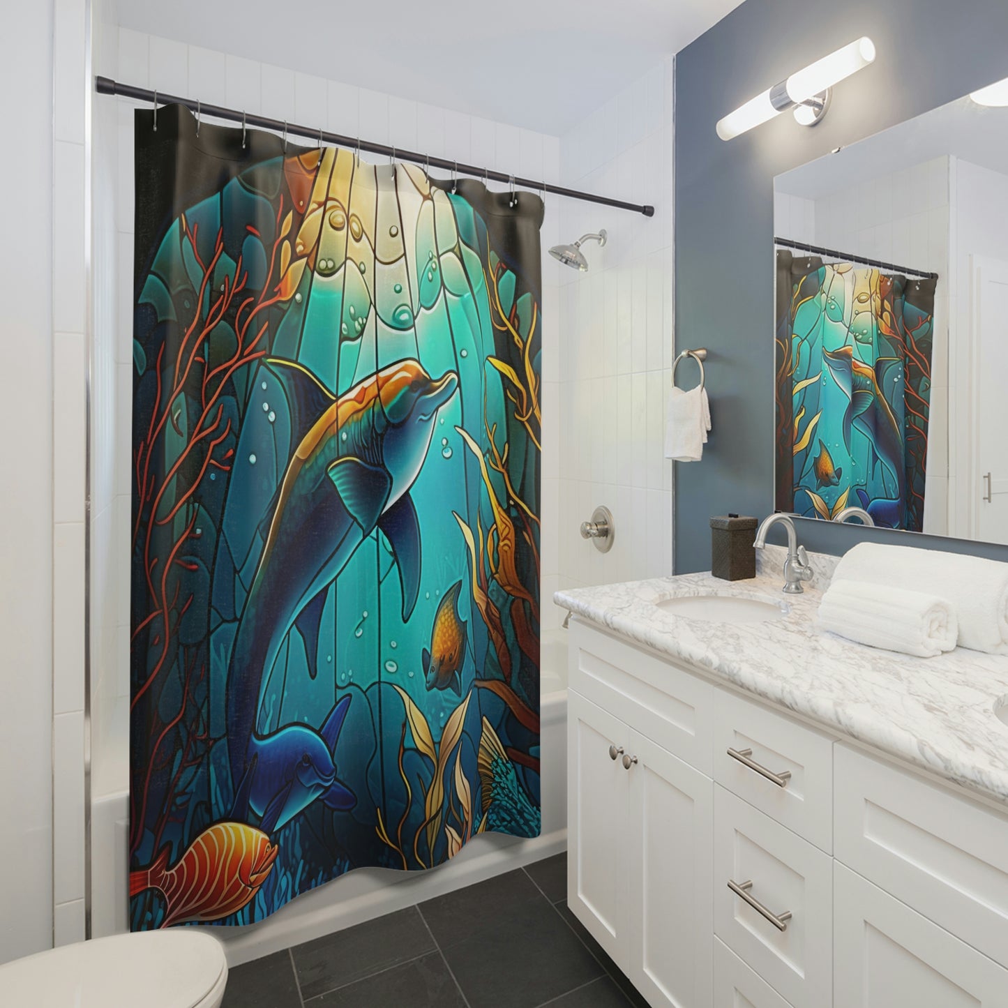 Stained Glass - Underwater Dolphin - Shower Curtain - Home Decor, Bathroom Decor