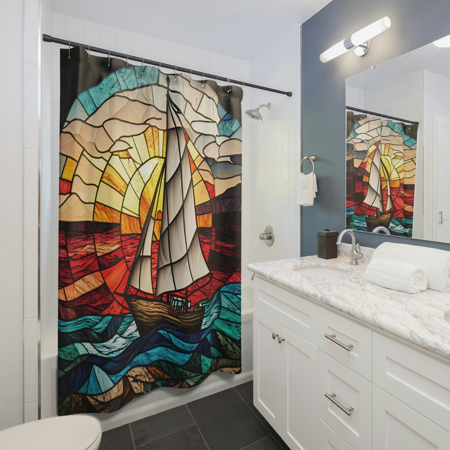 Stained Glass Sailboat Shower Curtain - Home Decor, Bathroom Decor, Aquatic