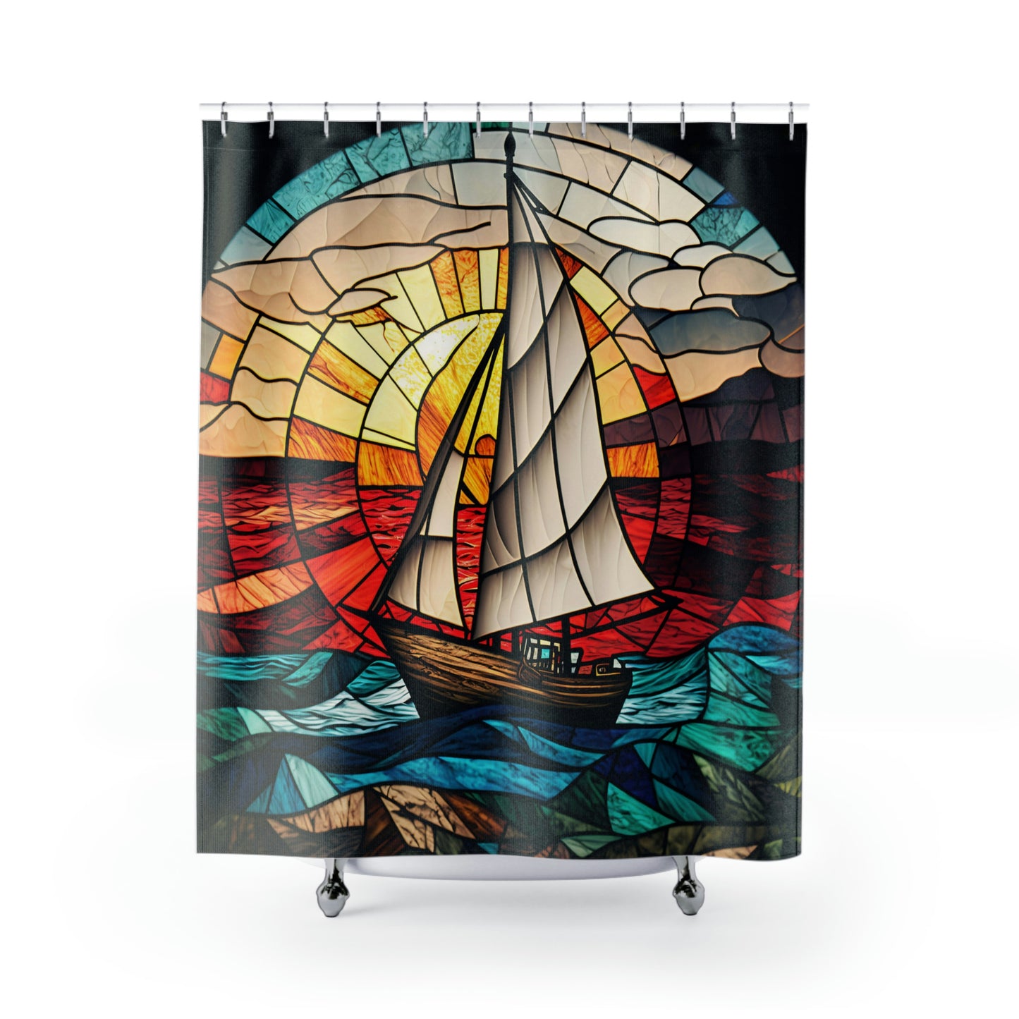 Stained Glass Sailboat Shower Curtain - Home Decor, Bathroom Decor, Aquatic