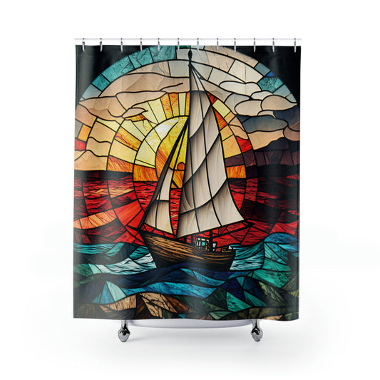 Stained Glass Sailboat Shower Curtain - Home Decor, Bathroom Decor, Aquatic