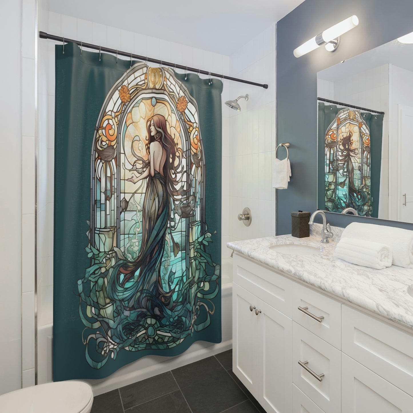 Stained Glass Mermaid Shower Curtain - Home Decor, Bathroom Decor