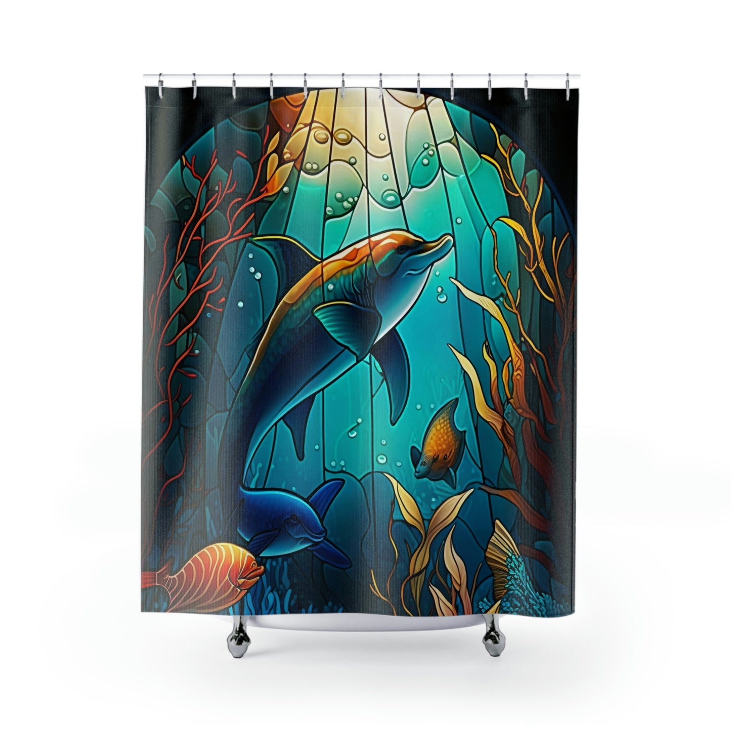 Stained Glass - Underwater Dolphin - Shower Curtain - Home Decor, Bathroom Decor